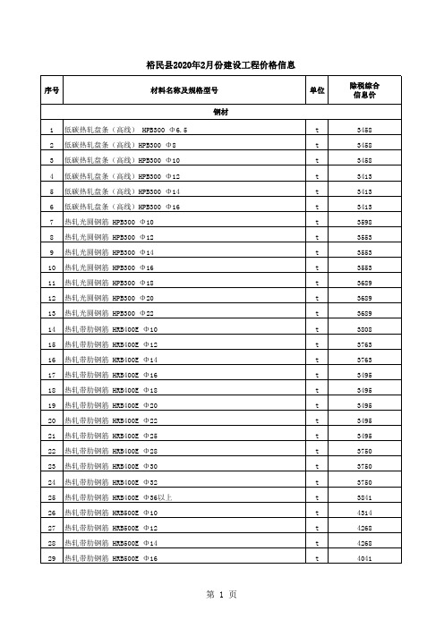 裕民县2020年2月份建设工程价格信息