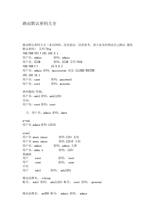 路由默认密码大全