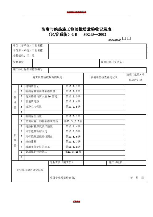 防腐与绝热施工检验批质量验收记录表风管系统