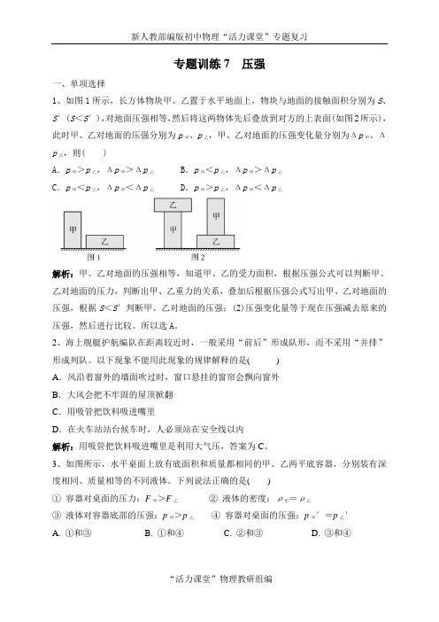 中考物理专题训练7  压强(解析版)