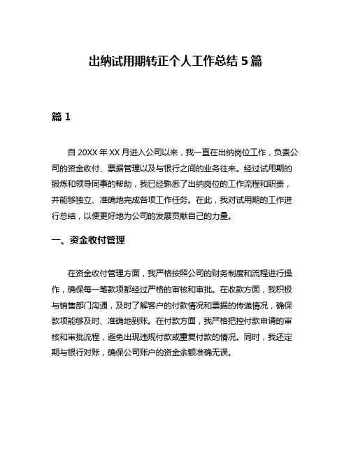 出纳试用期转正个人工作总结5篇