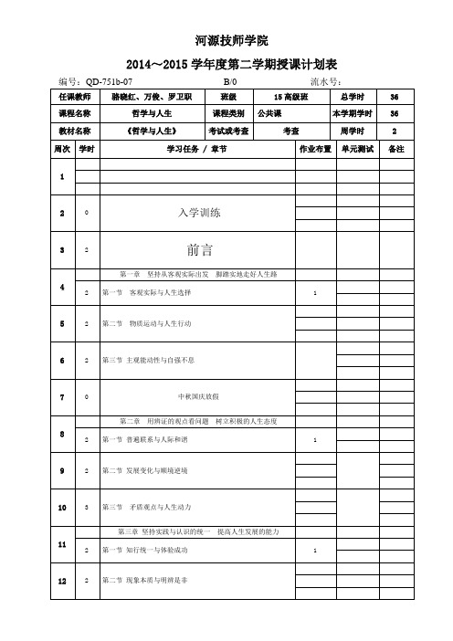 2015年秋(哲学与人生)学期授课计划表