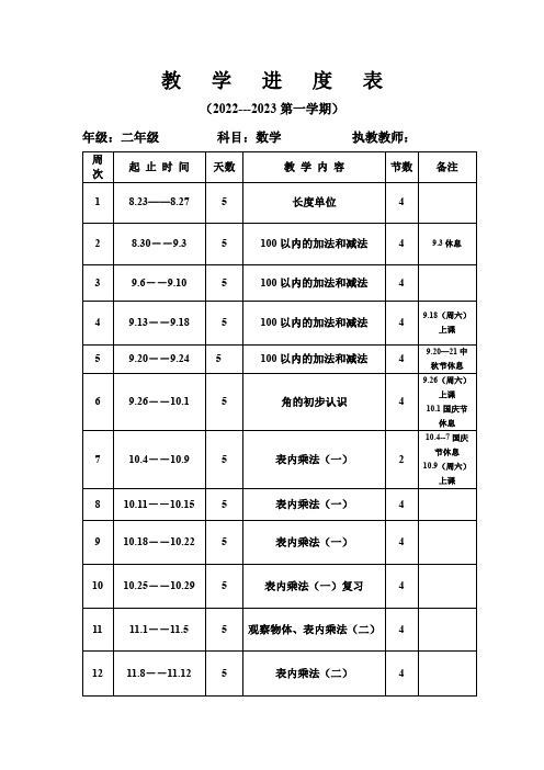 人教版2022-2023第一学期二年级上册数学教学进度表