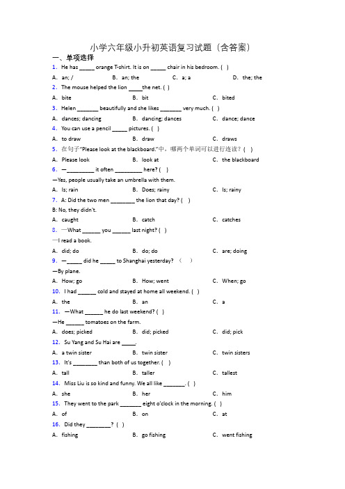 小学六年级小升初英语复习试题(含答案)