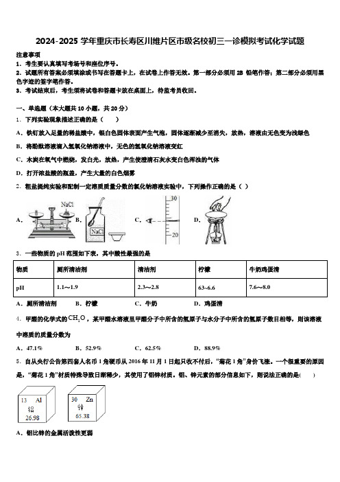 2024-2025学年重庆市长寿区川维片区市级名校初三一诊模拟考试化学试题含解析