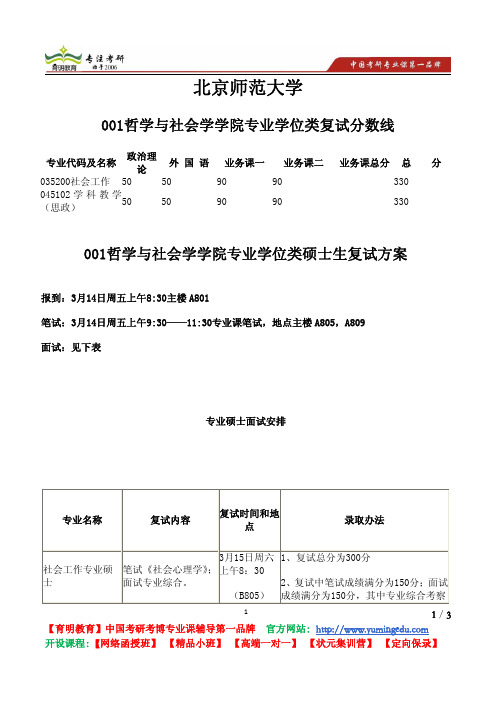 北京师范大学 001哲学与社会学学院 专业学位类 复试分数线