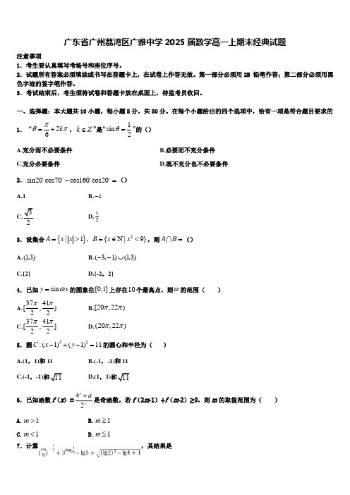 广东省广州荔湾区广雅中学2025届数学高一上期末经典试题含解析