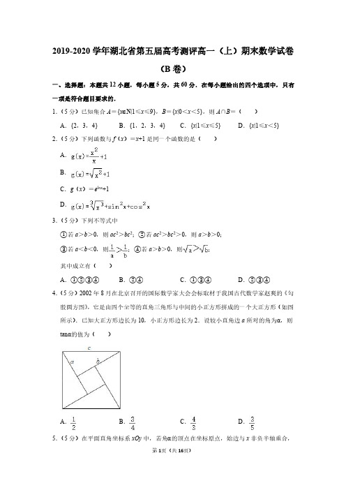 2019-2020学年湖北省第五届高考测评高一(上)期末数学试卷(B卷)