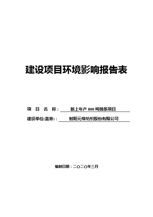 新上年产800吨棉条项目环境影响报告表