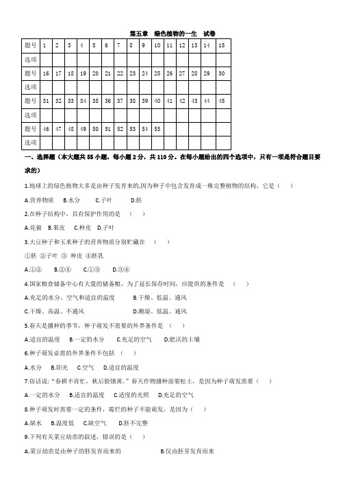 苏教版生物七年级上册第五章 绿色植物的一生检测题 