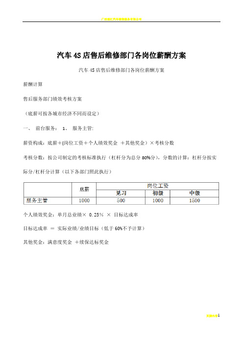 汽车4S店售后维修部门各岗位薪酬方案