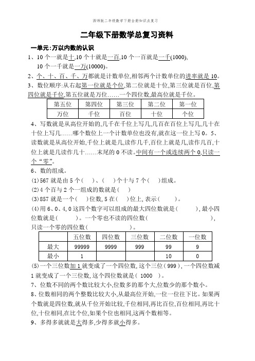 西师版二年级数学下册全册知识点复习