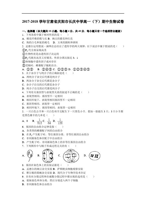 甘肃省庆阳市长庆中学2017-2018学年高一下学期期中生物试卷 Word版含解析