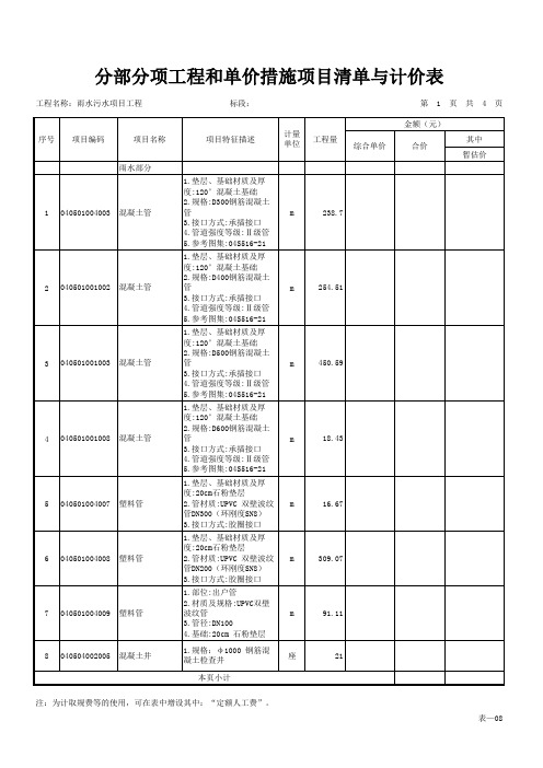 表-08 分部分项工程和单价措施项目清单与计价表_雨水污水项目工程_招标方