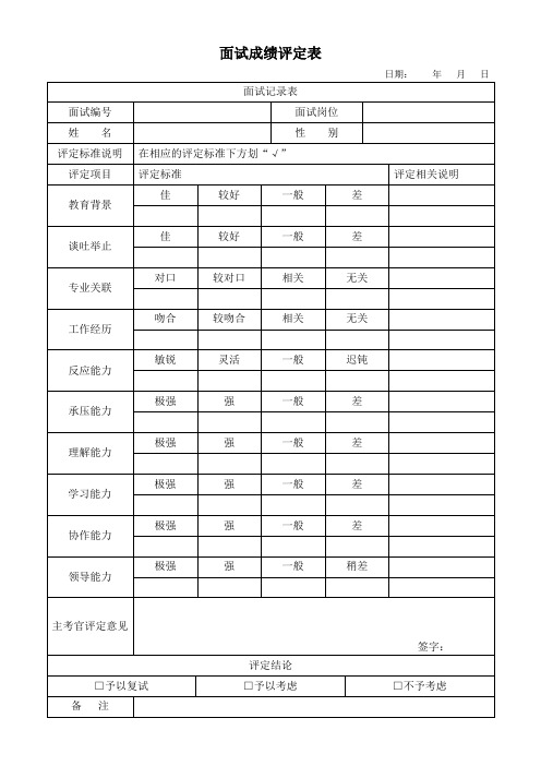 面试成绩评定表