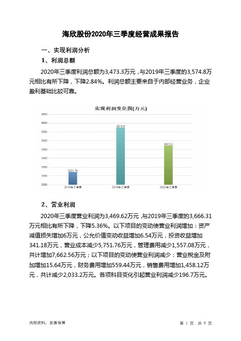 海欣股份2020年三季度经营成果报告