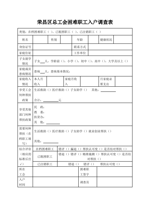 荣昌区总工会困难职工入户调查表