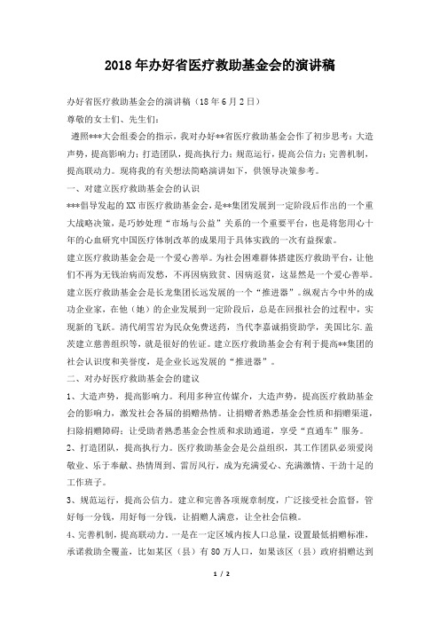 2018年办好省医疗救助基金会的演讲稿
