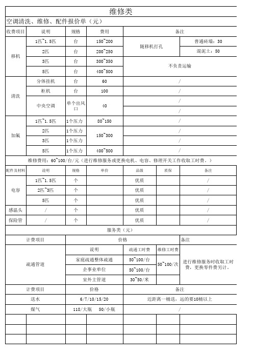 家政维修价格表