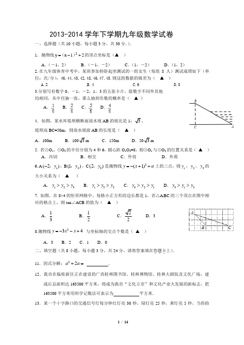 2013-2014学年下学期九年级数学试卷