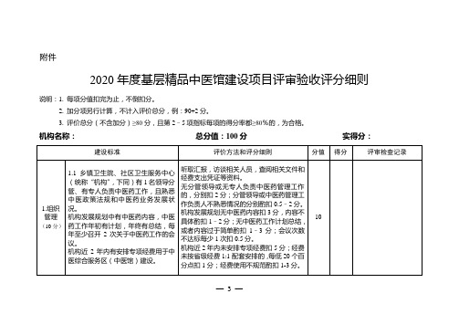 2020年度基层精品中医馆建设项目评审验收评分细则