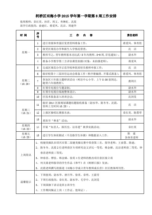 柯桥区双梅小学2015学年第一学期第8周工作安排