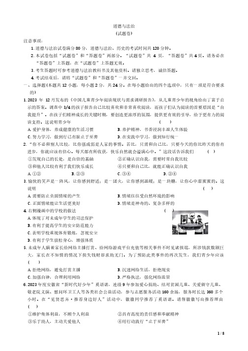 【9道三模】安徽省淮北市市直片区初中2023-2024学年九年级下学期5月联考道德与法治试题