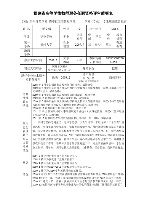 福建高等学校教师职务任职资格评审简明表