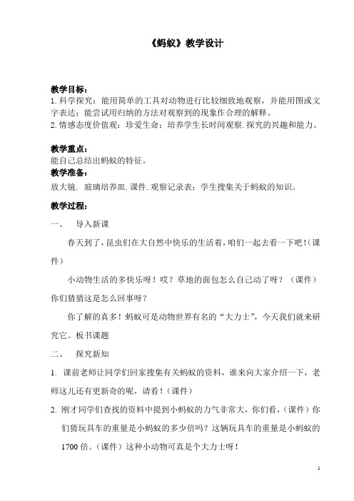 青岛版小学科学三年级下册《蚂蚁》教学设计(