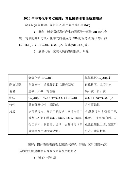 2020年中考化学考点梳理：常见碱的主要性质和用途