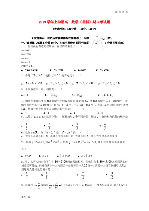 2019学年高二数学上学期期末考试试题 理