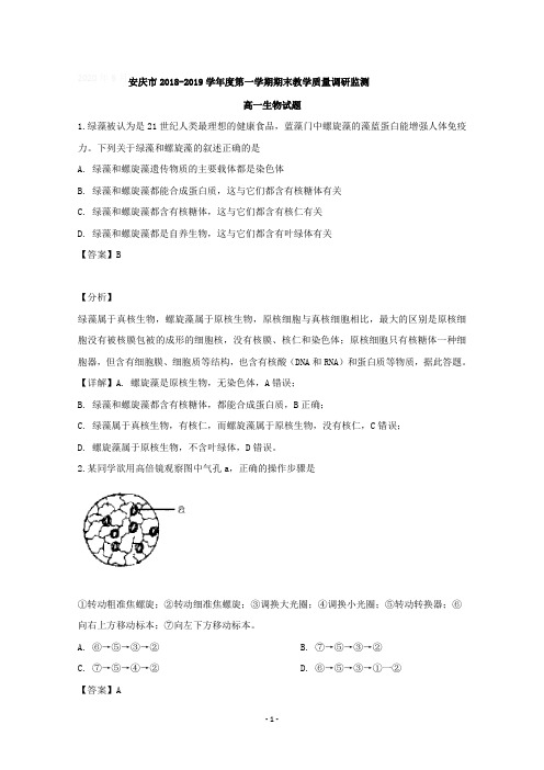 安徽省安庆市2018-2019学年高一上学期期末考试生物试题含详解