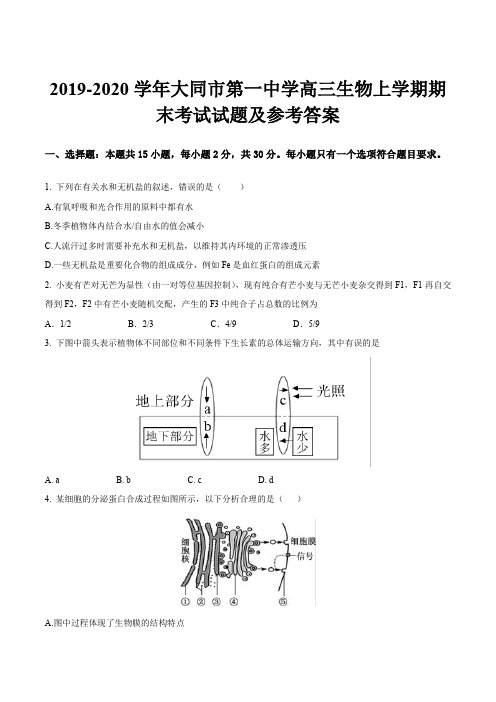 2019-2020学年大同市第一中学高三生物上学期期末考试试题及参考答案