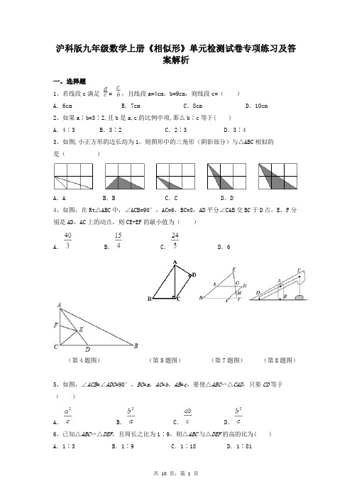 沪科版九年级数学上册《相似形》单元检测试卷专项练习及答案解析
