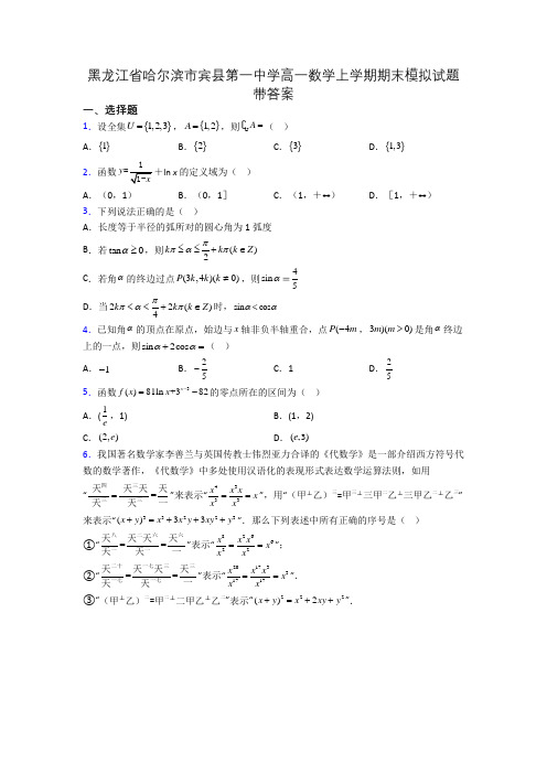 黑龙江省哈尔滨市宾县第一中学高一数学上学期期末模拟试题带答案