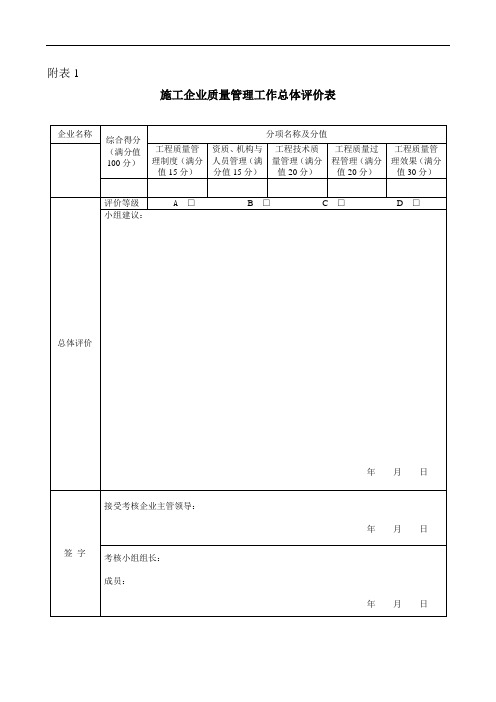 施工企业质量管理工作总体评价表