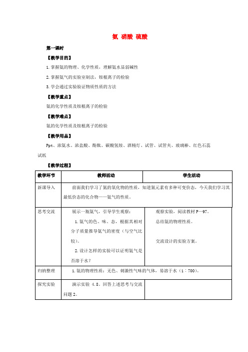 高中化学第四章非金属及其化合物4.4氨硝酸硫酸(第1课时)氨教案4新人教版必修1