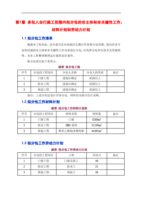 承包人自行施工范围内拟分包的非主体和非关键性工作、材料计划和劳动力计划