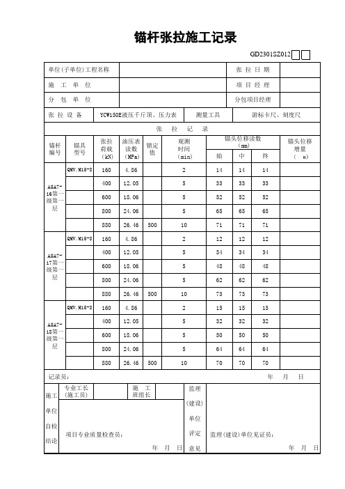 锚杆张拉施工记录表格范例