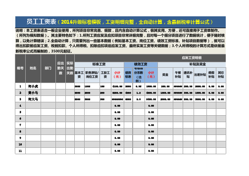 员工工资表(2016升级标准模板,工资明细完整,全自动计算,含最新税率计算公式)