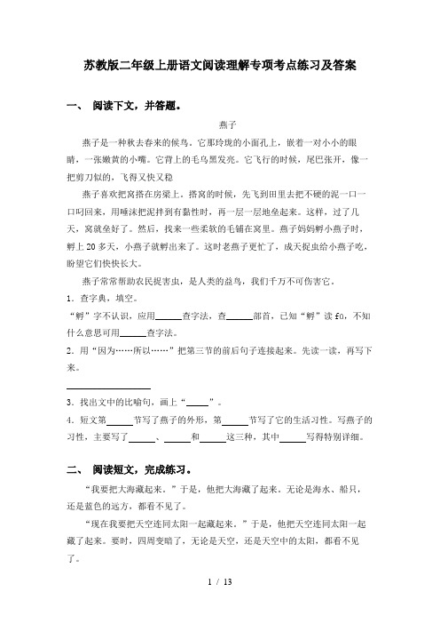 苏教版二年级上册语文阅读理解专项考点练习及答案