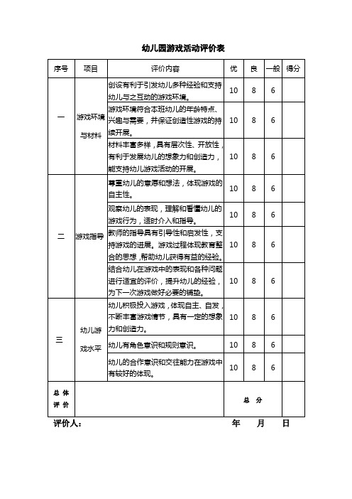 幼儿园游戏活动评价表111