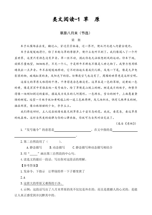 最新部编版六年级语文上册1草原精选类文阅读(含习题答案)