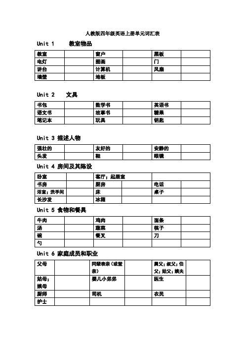 PEP英语四年级上册、下册英语单词表