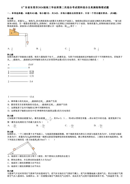 1广东省东莞市2024届高三毕业班第二次综合考试理科综合全真演练物理试题