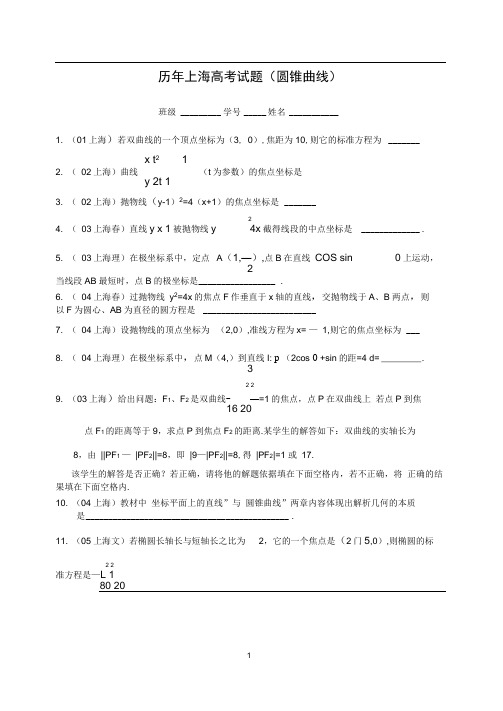 历年上海高考试题(圆锥曲线)