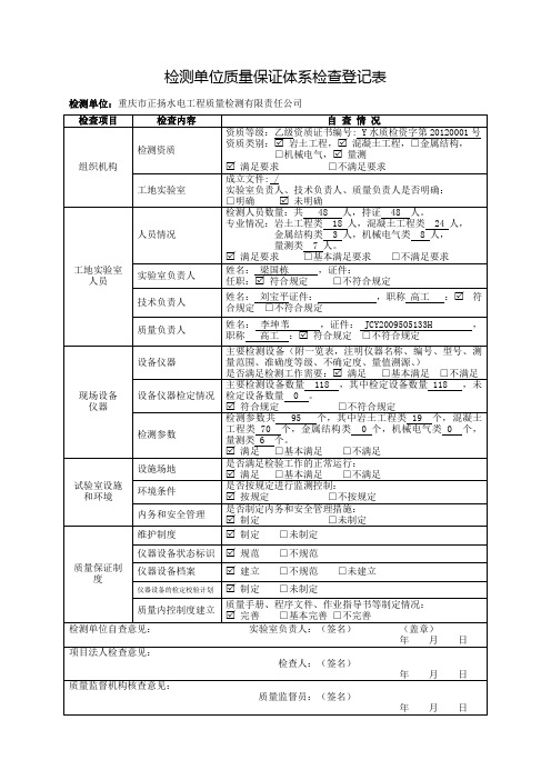 检测单位质量保证体系检查登记表