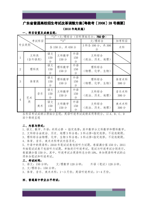 广东省普通高校招生考试改革调整方案[粤教考〔2008〕28号摘要]