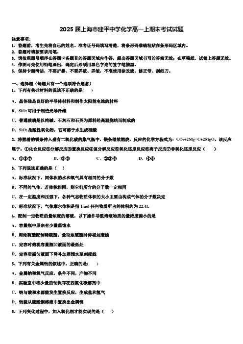 2025届上海市建平中学化学高一上期末考试试题含解析