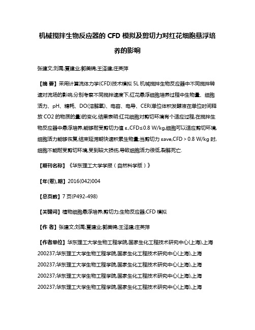 机械搅拌生物反应器的CFD模拟及剪切力对红花细胞悬浮培养的影响